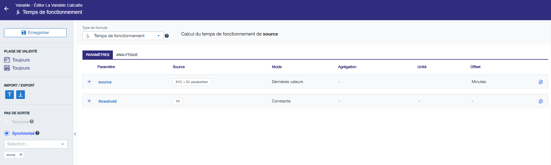 Formule de temps de fonctionnement