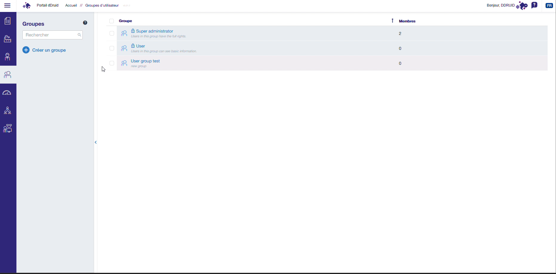 Liste des groupes d'utilisateurs