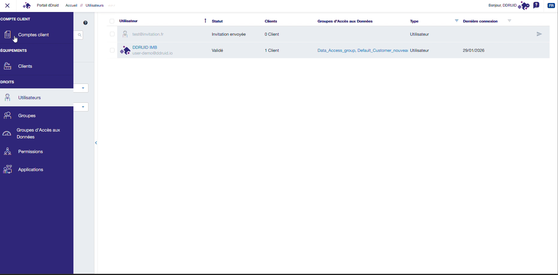 Menu de l'application Administration