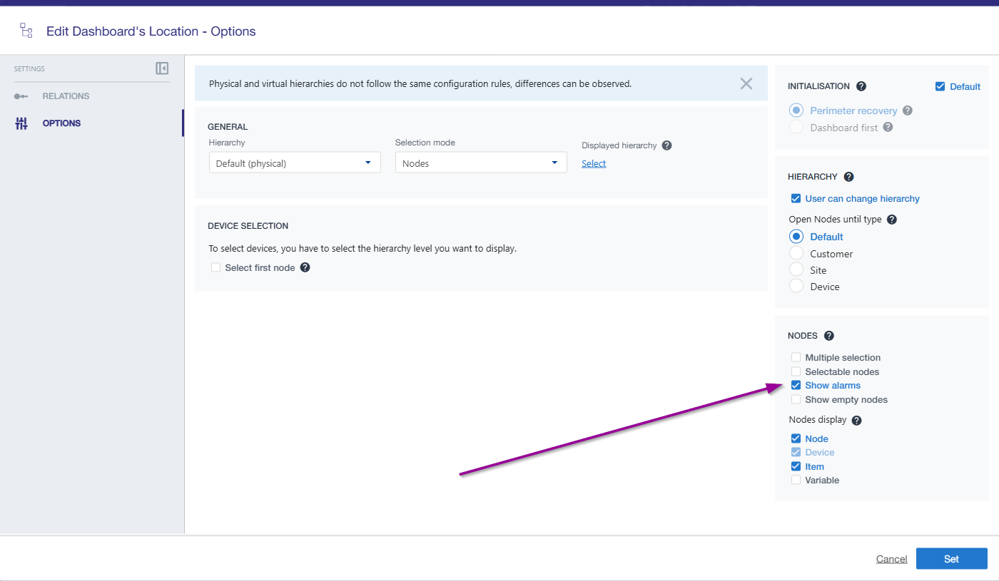 Activation de l'option pour afficher les alarmes