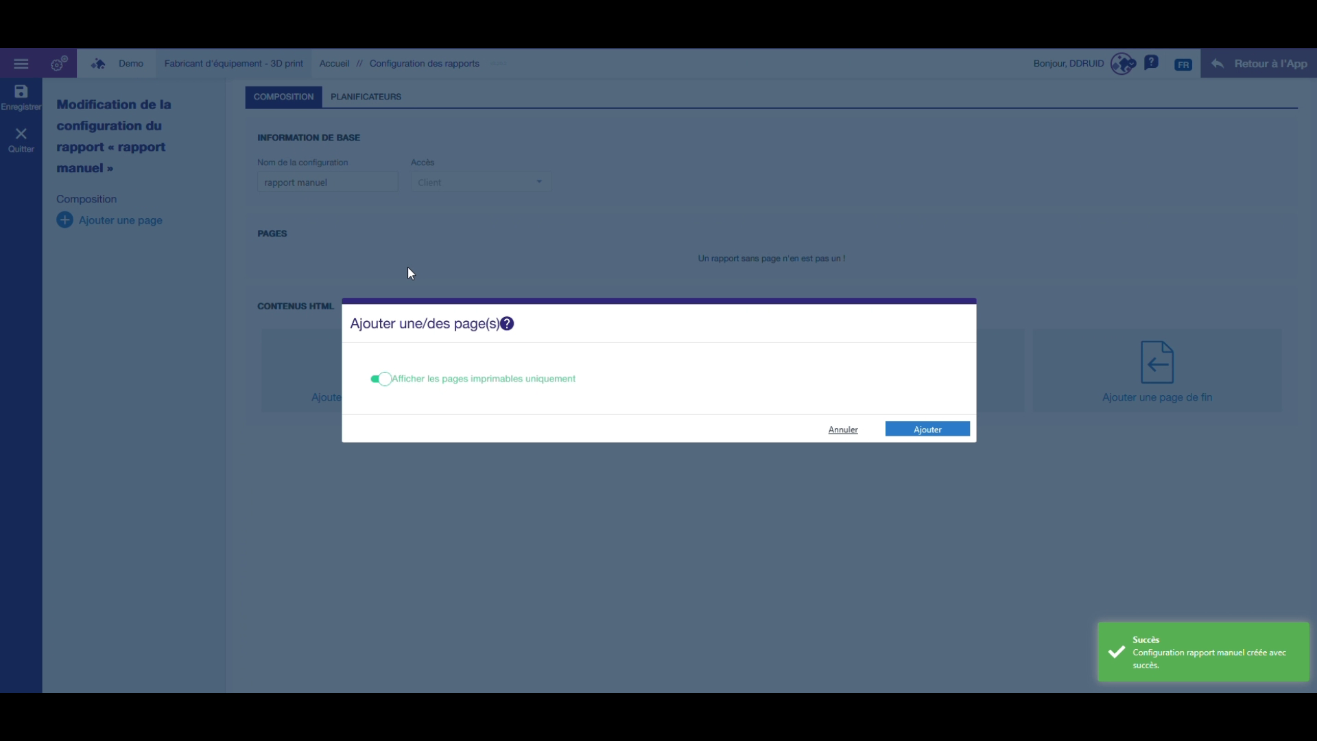 Configuration du rapport - Ajout de pages