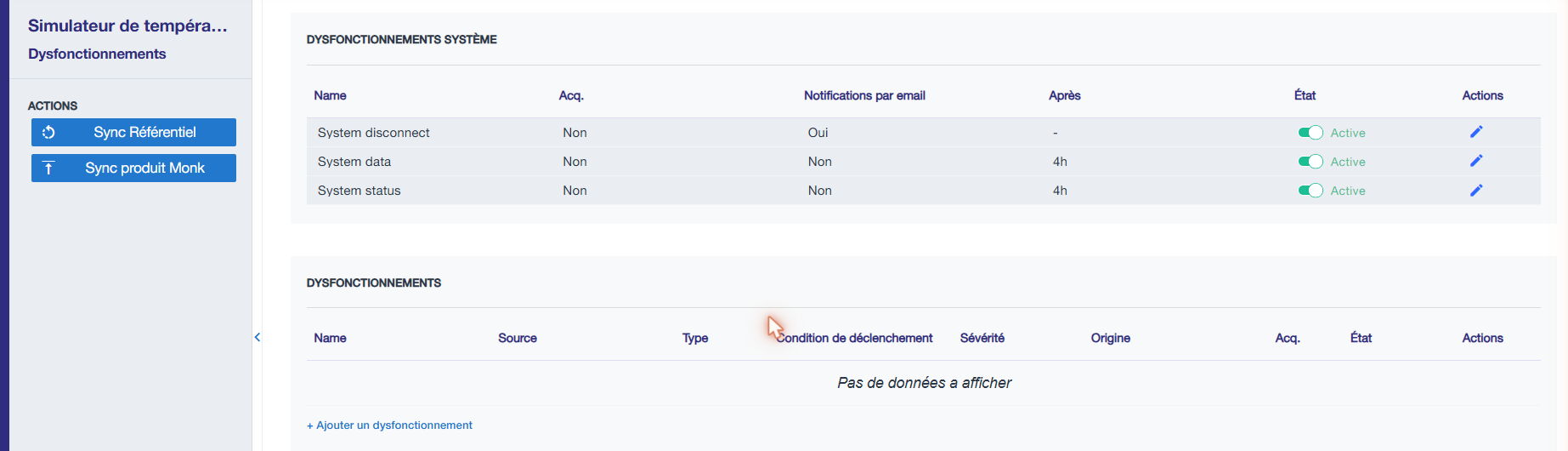 Page Dysfonctionnements d'un équipement avec les actions Sync Référentiel et Sync produit Monk