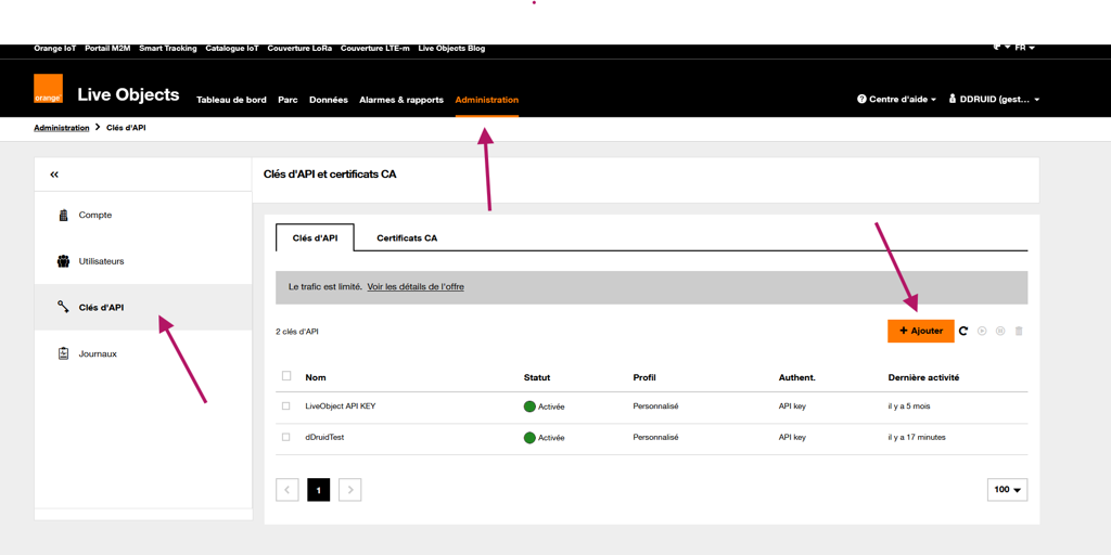 Page Clés d'API sur Live Objects