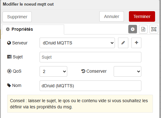 Nœud mqtt out configuré avec QoS 2
