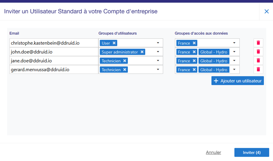 Ancienne interface d'invitation des utilisateurs - affectation individuelle