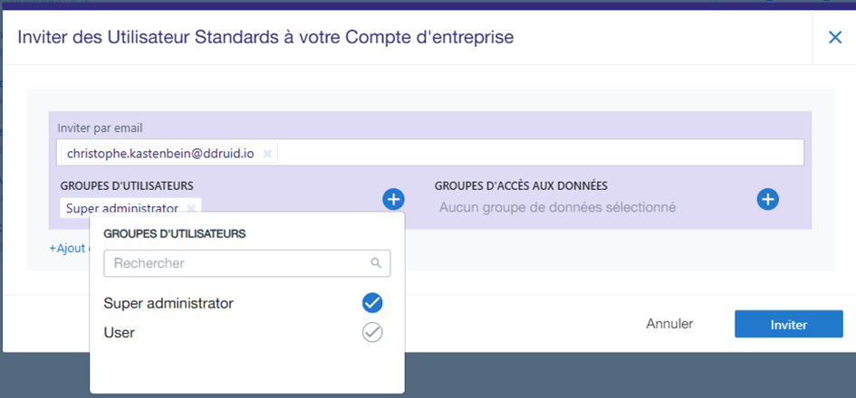 Saisie des emails et sélection du Groupe d'utilisateurs